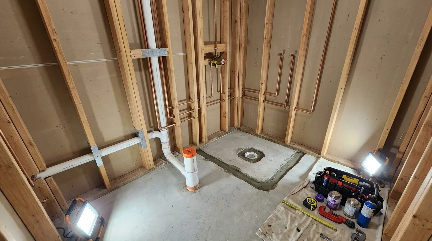 Bathroom rough-in plumbing during remodel by Johns Plumbing LLC in Assumption