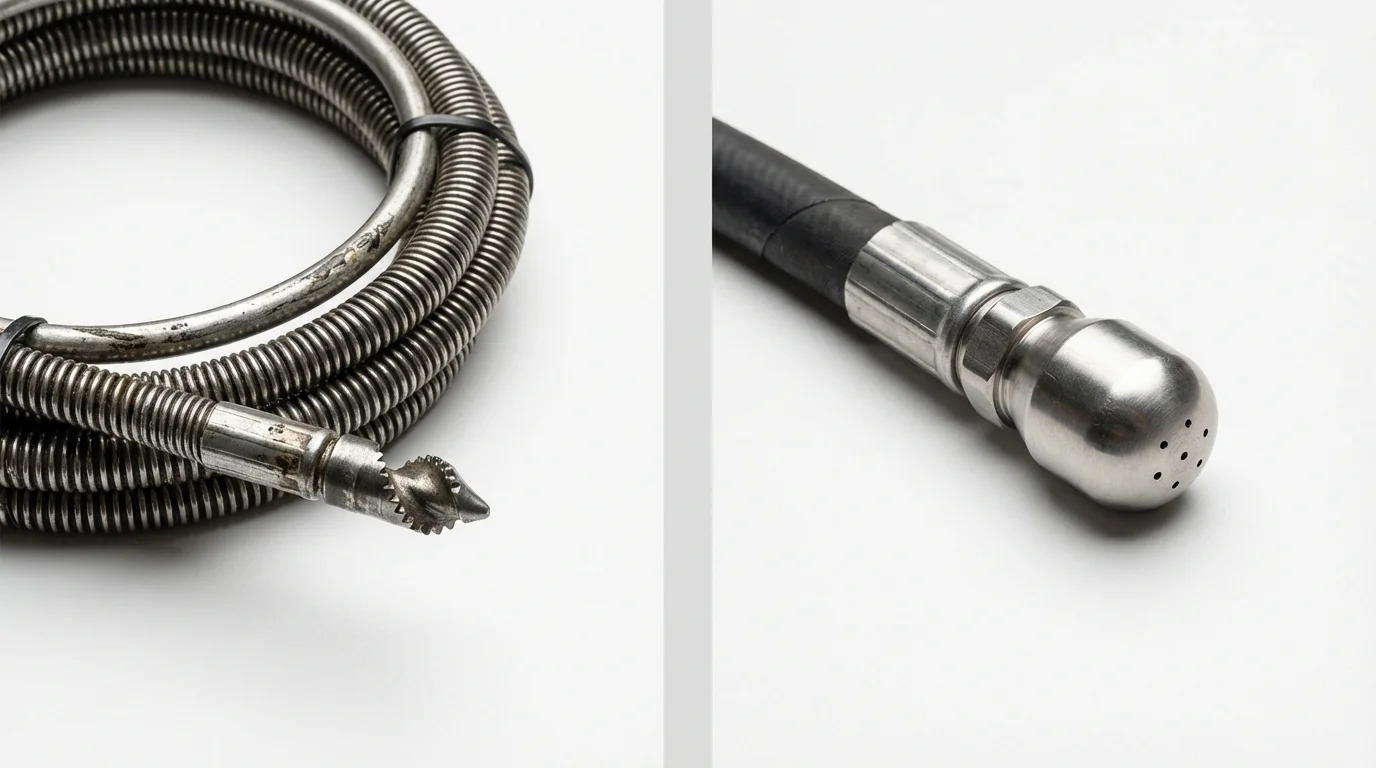 Drain snake cable and hydro jetting nozzle used for drain cleaning in Assumption, IL