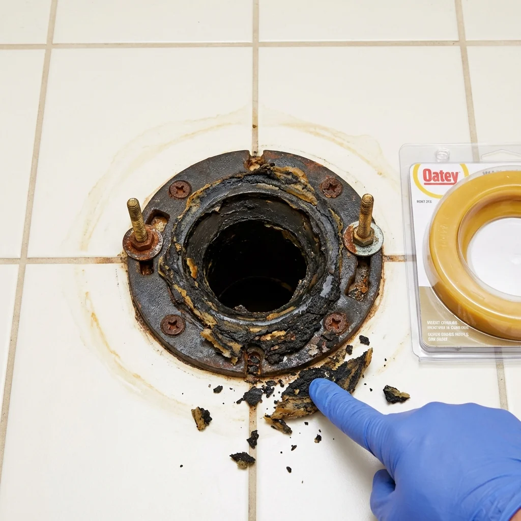 Failed wax ring showing water seepage at the base of a toilet in a Assumption, IL home