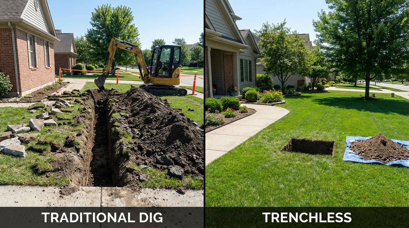 Trenchless sewer repair with minimal yard damage versus traditional excavation in Assumption, IL