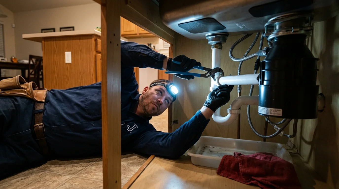 P-trap and supply line connections under a kitchen sink showing a common leak point in Assumption, IL